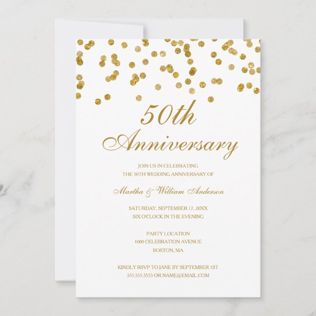 White & Gold Confetti 50. Hochzeitstag Einladung (Vorderseite)