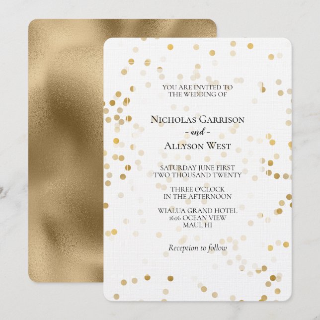 White Gold Confetti Dots Hochzeit Einladung (Vorne/Hinten)
