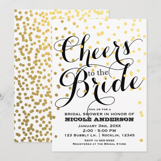 White & Gold Confetti Foil CHEERS Brautparty Einladung (Vorne/Hinten)