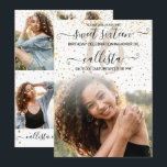 White Gold Confetti Foto Collage Sweet 16 Einladung<br><div class="desc">Diese hübsche und gürmische 16 . Geburtstag Geburtstagsparty Foto Collage Einladung ist perfekt für das trendige und stilvolle Mädchen. Es zeigt Imitate gedruckt funkelnd Glitzer Konfetti auf einem weißen und großen Feature Foto ombre Farbverlauf mit eleganten schwarz handgeschriebenen kursiven Skript Typografie. Auf der Rückseite sind die Imitate goldene Konfetti und...</div>