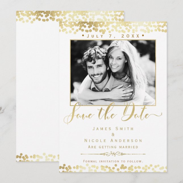 White & Gold Confetti-Foto Hochzeit Sichern Sie da Einladung (Vorne/Hinten)