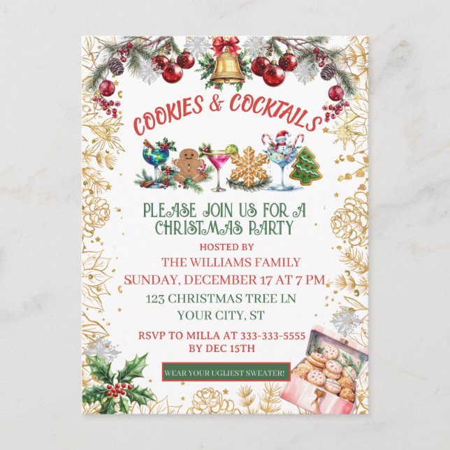White & Gold Cookies & cocktails Holiday  Postkarte (Vorderseite)