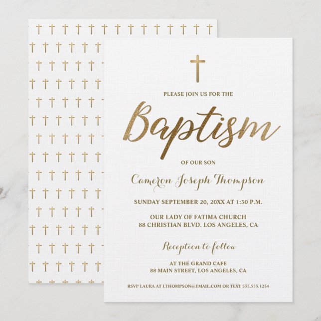 White Gold Cross Custom Baby Boy Taufe Einladung (Vorne/Hinten)