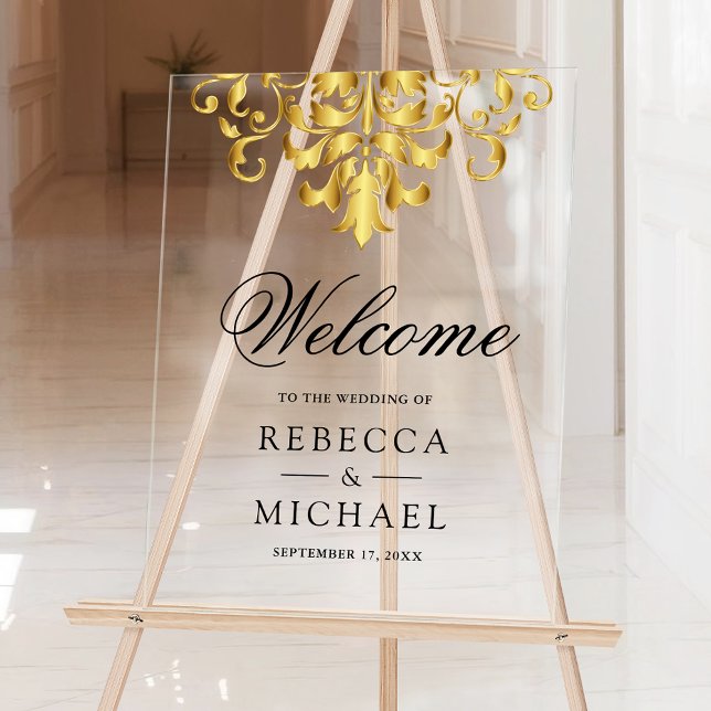 White Gold Damask Wedding Welcome Acrylschild (Von Creator hochgeladen)