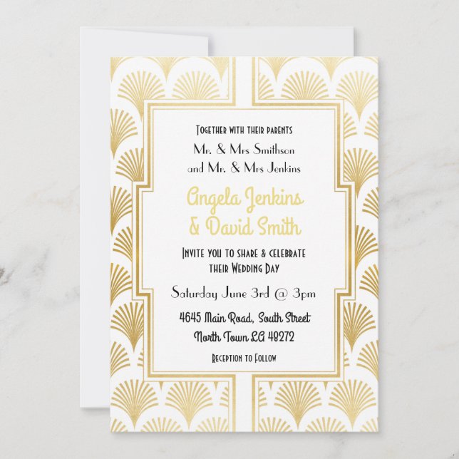 White & Gold Déco Fan Fan Hochzeit der 20er Jahre Einladung (Vorderseite)