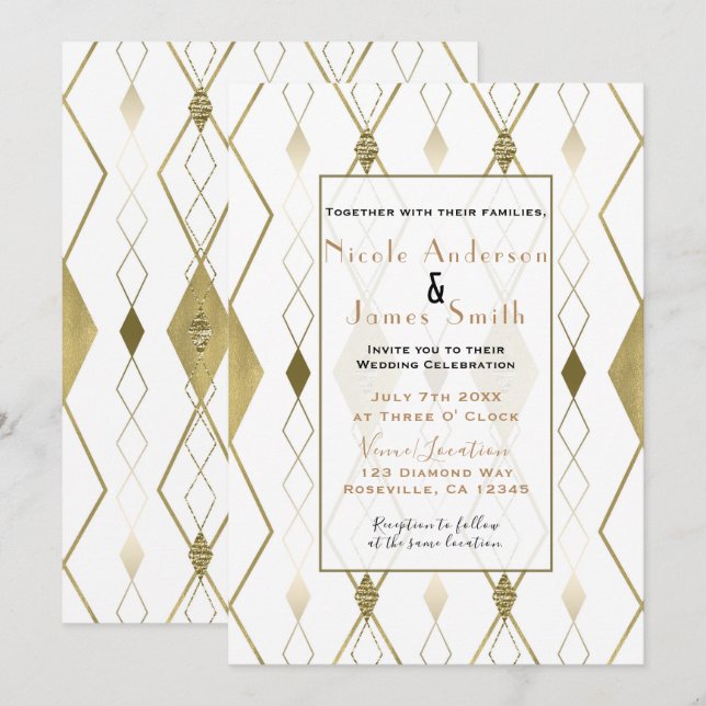 White & Gold Diamond Glamour Moderne klassische Ho Einladung (Vorne/Hinten)