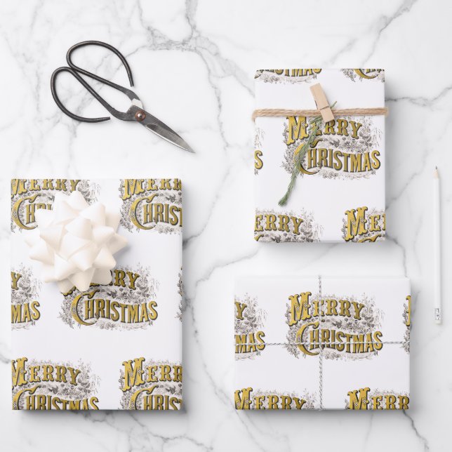 White Gold Elegant Frohe Weihnachten Rustikal Vint Geschenkpapier Set (Vorderseite)