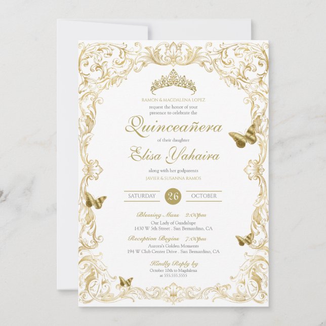 White Gold Elegante Baroque Regal Quinceanera Einladung (Vorderseite)