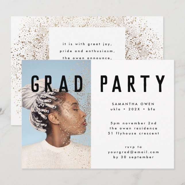 White Gold Elegantes Botanicals Grad Foto Party Einladung (Vorne/Hinten)
