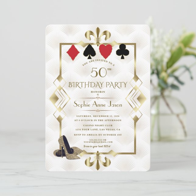 White Gold Fleur-deLis Casino Vegas Poker Geburtst Einladung (Stehend Vorderseite)
