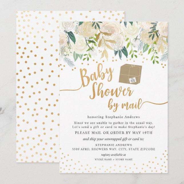 White Gold Floral Baby Dusche per Post Einladung (Vorne/Hinten)