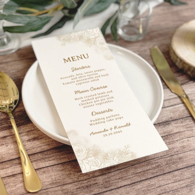 White Gold Floral Elegante Hochzeit Menükarte (Von Creator hochgeladen)