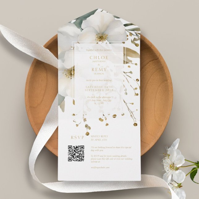 White & Gold Floral Foliage Wasserfarbenhochzeit All In One Einladung (Von Creator hochgeladen)