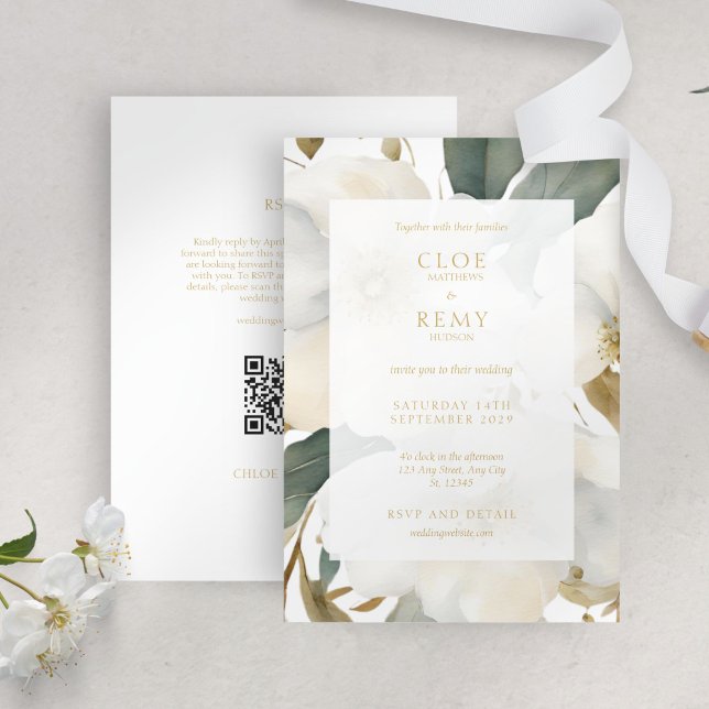 White & Gold Floral Foliage Wasserfarbenhochzeit Einladung (Von Creator hochgeladen)