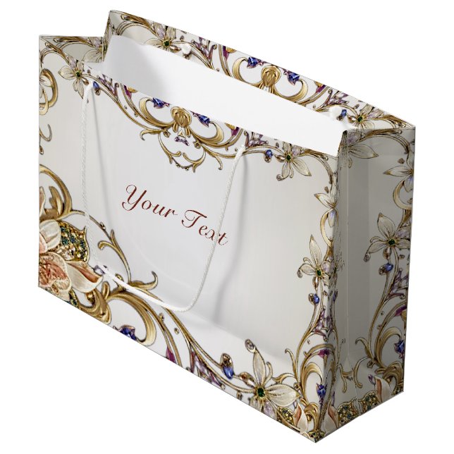 White Gold Floral Geschenktasche Große Geschenktüte (Vorderseite Schrägansicht)