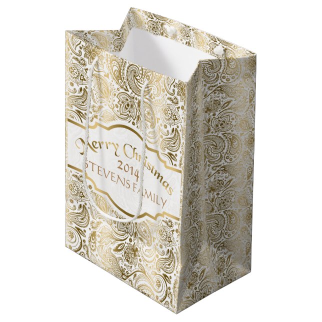 White & Gold Floral Paisley Lace Weihnachtsdesign Mittlere Geschenktüte (Vorderseite Schrägansicht)