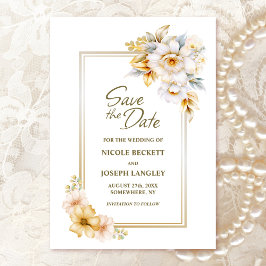 White Gold Floral Wedding Save the Date