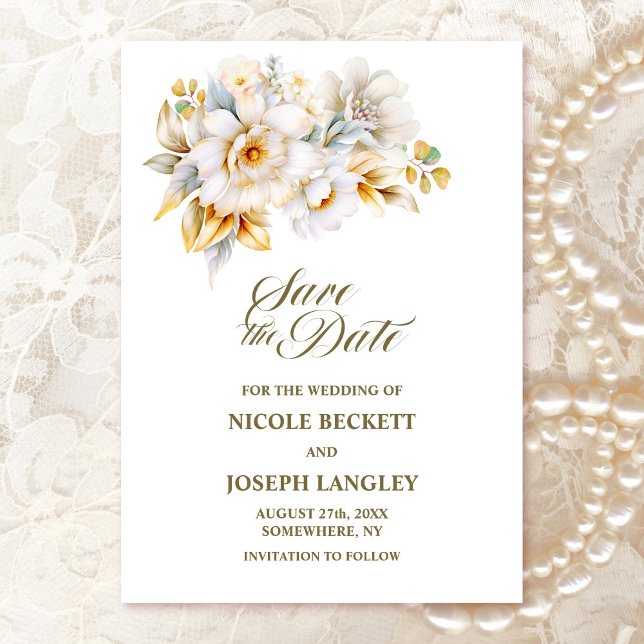 White Gold Floral Wedding Save the Date (Von Creator hochgeladen)