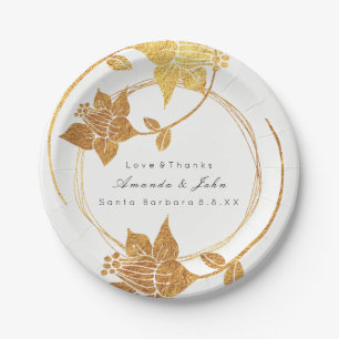 White Gold Floral Wreath Wedding Bridal Anniversar Pappteller