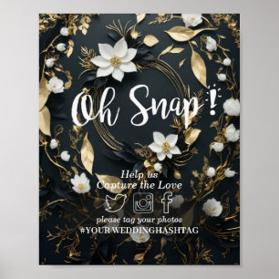 White Gold Floral Wreath Wedding Snap Hashtag Zeic Poster