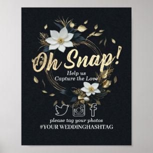 White Gold Floral Wreath Wedding Snap Hashtag Zeic Poster
