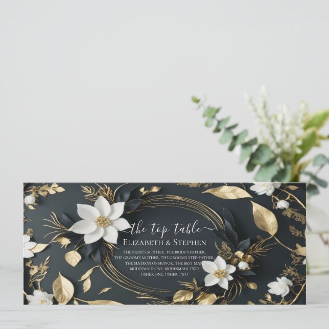 White Gold Floral Wreath Wedding Top Table Sign (Stehend Vorderseite)