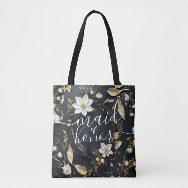 White Gold Floral Wreath Wedding Trauzeugin Tasche (Vorderseite)