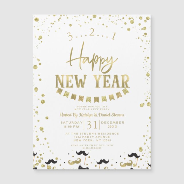 White & Gold Foil Confetti Silvester Party Magnetkarte (Vorderseite)