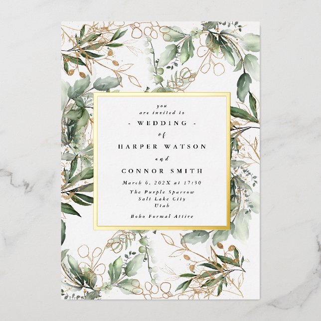 White Gold Foil Rahmen | Boho Botanischer Eukalypt Folieneinladung (Vorderseite)