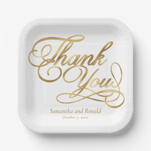 White & Gold Foil Thank You Calligraphy Wedding Pappteller (Vorderseite)