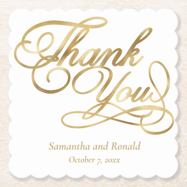 White & Gold Foil Thank You Calligraphy Wedding Untersetzer (Vorderseite)