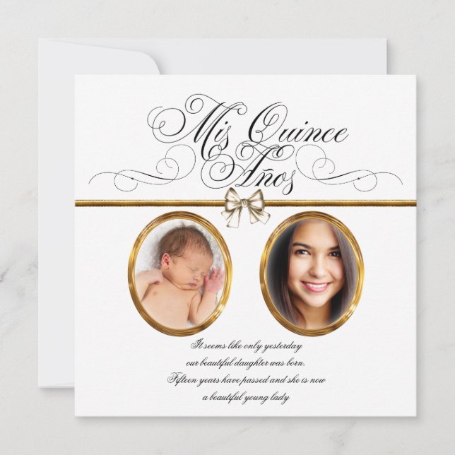 White Gold Foto Einladungen in Quinceanera (Vorderseite)