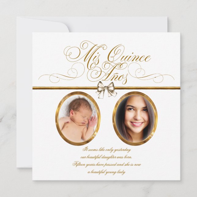 White Gold Foto Einladungen in Quinceanera (Vorderseite)