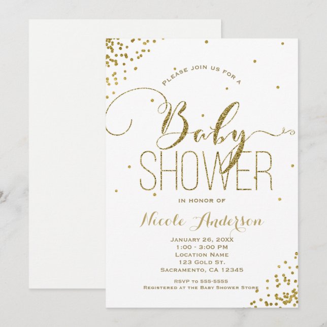 White & Gold Glam Glitzer Corners BABY SHOWER Einladung (Vorne/Hinten)