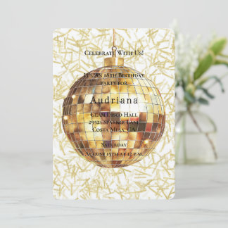 White Gold Glam Glitzy Disco Ball Birthday Einladung