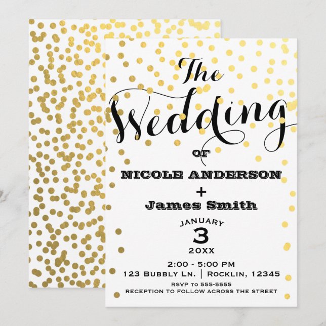 White & Gold Glamour Confetti Foil WEDING Einladung (Vorne/Hinten)