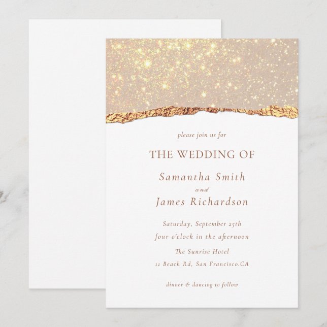 White Gold Glitter Marble Wedding  Einladung (Vorne/Hinten)