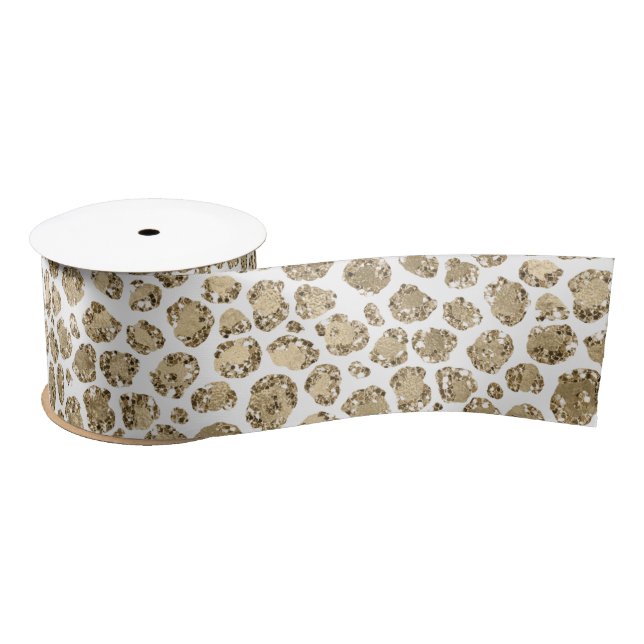 White Gold Glitz Sparkle Leopard Print     Satinband (Spule)