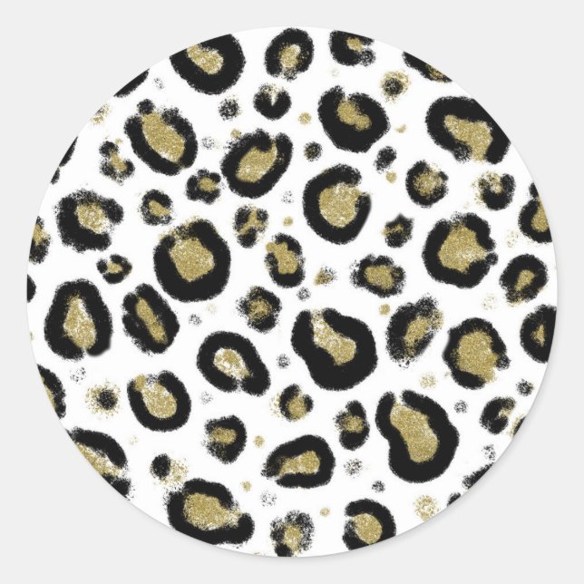 White Gold Glitzer & Black Leopard Cheetah Print Runder Aufkleber (Vorderseite)