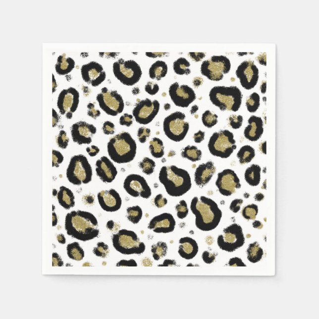 White Gold Glitzer & Black Leopard Cheetah Print Serviette (Vorderseite)