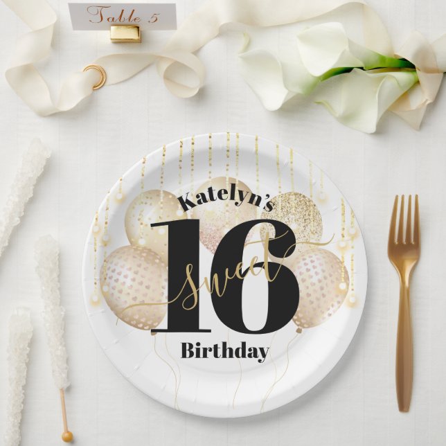 White Gold Glitzer Bold Sweet 16 Birthday Balloons Pappteller (Hochzeit)