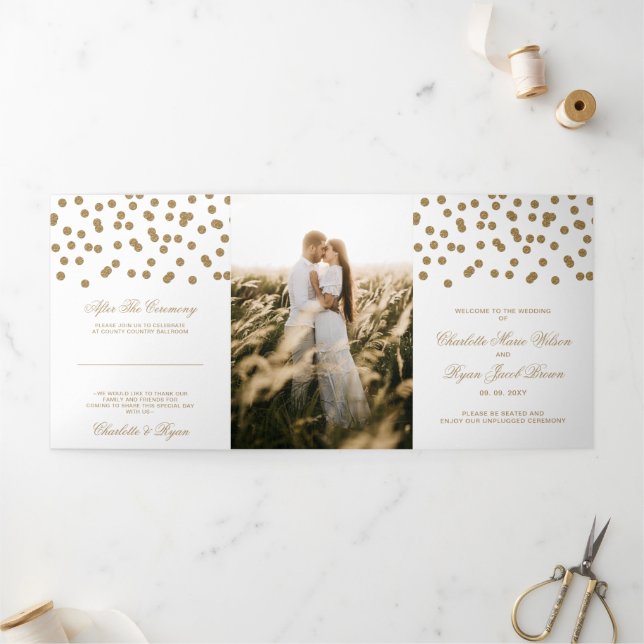 White Gold Glitzer Confetti Foto Wedding Dreifach-gefaltete Programmkarte (Außenbereich)