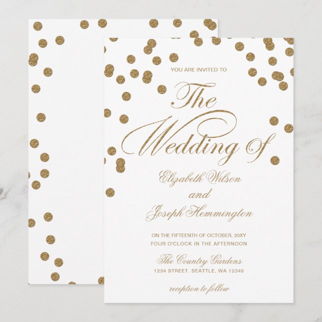 White Gold Glitzer Confetti Hochzeit Einladung (Vorne/Hinten)