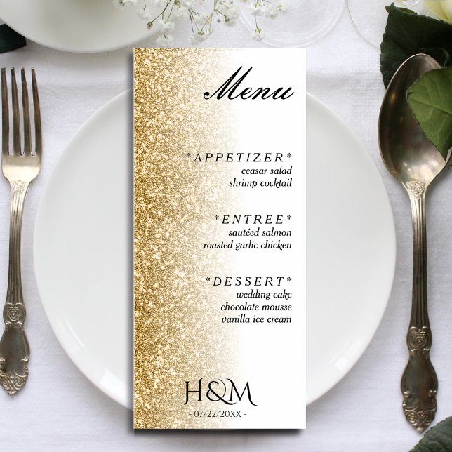 White & Gold Glitzer Dinner Hochzeitsempfang Menükarte (white and gold glitter ombre wedding menu)