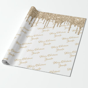 White Gold Glitzer Drilling Christmas Name Script Geschenkpapier