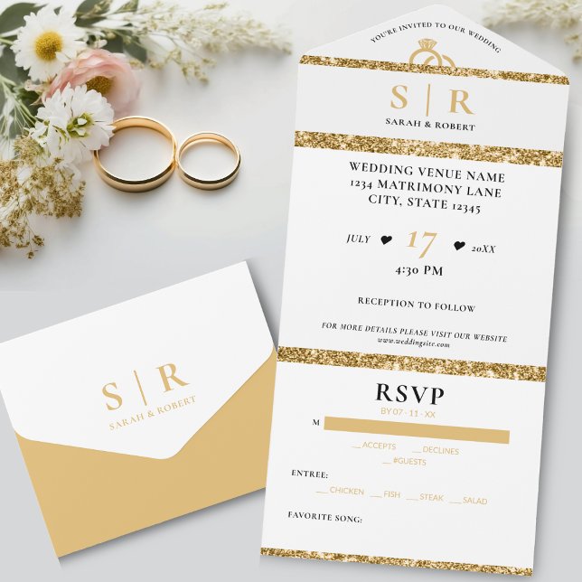White & Gold Glitzer Elegante Hochzeit All In One Einladung (White & Gold Glitter Elegant Wedding All In One Invitation)