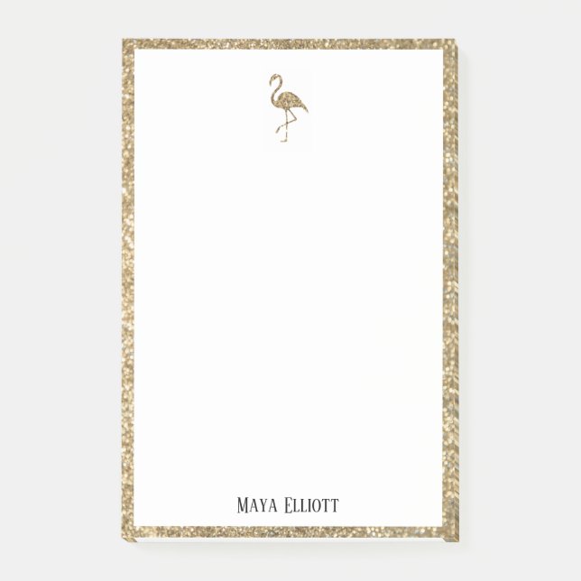 White + Gold Glitzer Flamingo & Border mit Name Post-it Klebezettel (Vorderseite)