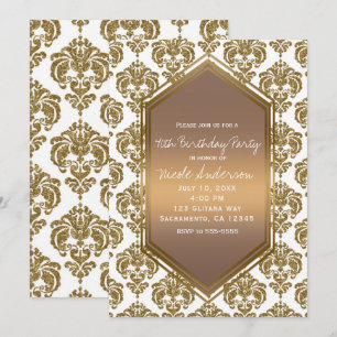 White Gold Glitzer Glam Damask Print Party Einladung