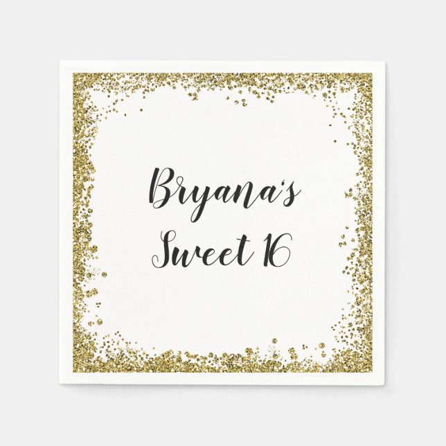 White Gold Glitzer Glam Edge Sweet 16 Custom Party Serviette (Vorderseite)