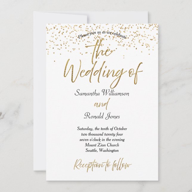 White & Gold Glitzer Hochzeit Einladung (Vorderseite)